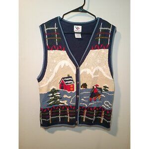 VTG NUTCRACKER Womens Larg Button Up Christmas Knit Sweater Vest Cabin Ice Skate